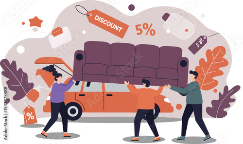 Group of people carrying large sofa with discount signs and sale tags in shopping concept illustration 