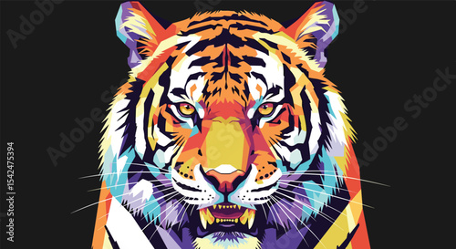 Colorful Tiger Portrait Depicting Wildlife with Geometric Patterns and Bold Artistic Expressionism Style