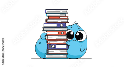 Overwhelmed and Studious The Blue Creature is Carrying a Stack of Many Books