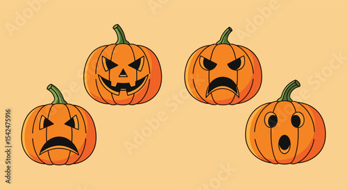 A Colorful Collection of Jack-o'-lanterns With Different Expressions For Halloween Celebration Days