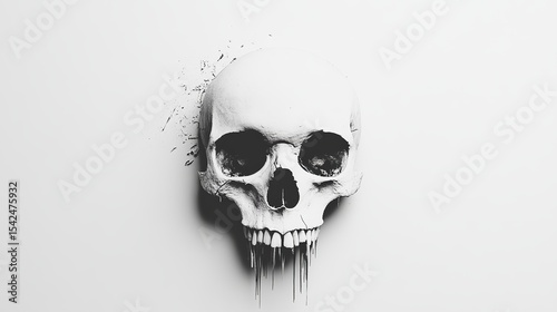 A stark white skull with dark eye sockets and dripping lines against a plain background in monochrome style