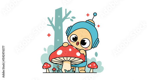 Robot With Mushroom Friend Exploring Forest Adventure in Digital Painting for Children Illustration