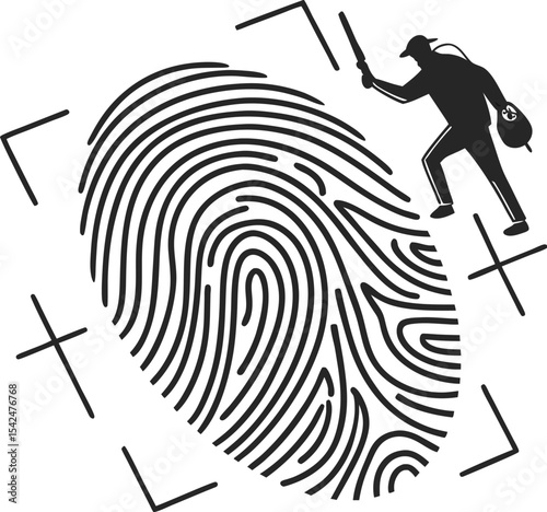 Black and White Stylized Fingerprint Illustration with Whorls and Ridges on White Background  Minimalist Vector Design