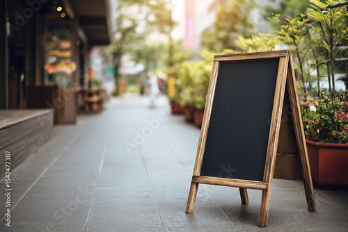Sidewalk sign at cafe on street in summer