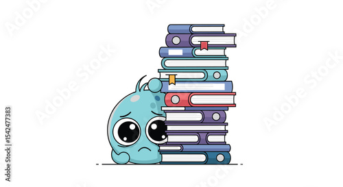 A Cute Blue Monster Being Overwhelmed by a Large Stack of Books Illustration