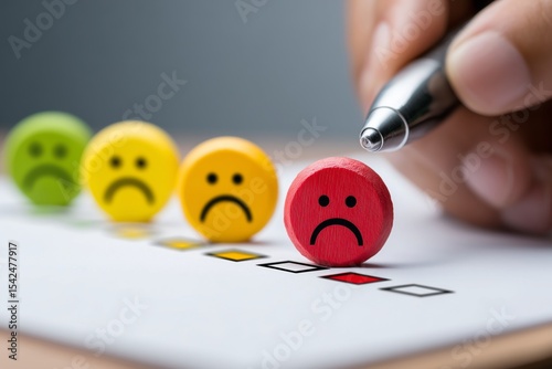 Red sad face selected on rating form with other unhappy faces in background, representing negative feedback, dissatisfaction, and poor service evaluation