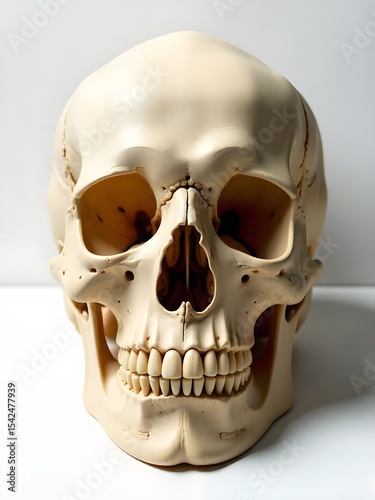 Pale human skull replica with defined bone cracks displayed high resolution photo