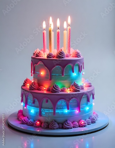 Three tier floral birthday cake with candles and lights high resolution photo