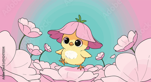 A Little Yellow Chick Walking On the Flowers Wearing Pink Flower On The Head