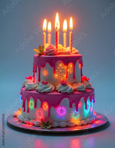 Beautiful party cake topped with candles and glowing details high resolution photo