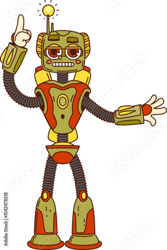 Cartoon groovy robot character with glowing red eyes and comic smile. Vector retro droid with hand raised and lightbulb antenna. Funny y2k vintage mechanical personage in dynamic expressive posture