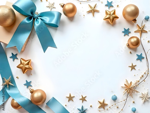 Christmas gift background with shiny gold balls and bow high resolution image