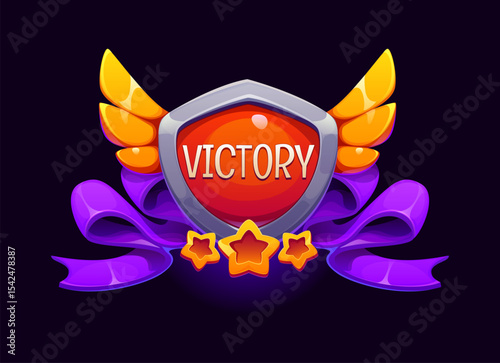 Victory award game icon, ui badge asset. Cartoon vector award trophy featuring metal shield, gold with wings and stars, and a purple ribbon, for digital game achievements, reward and success in gaming