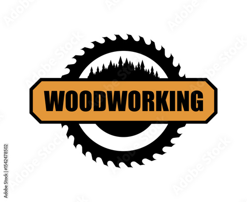 Woodworking carpentry icon of saw blade and forest trees for carpenter service, vector emblem. Wood handyman and lumber furniture workshop icon of sawmill blade circle and forest trees silhouette sign