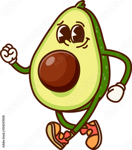Avocado fruit half groovy cheerful character. Organic farm green product hippie cartoon vector character, fresh plant happy funky vintage personage. Walking and happy smiling avocado cheerful mascot