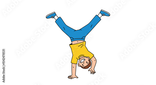 A Young Boy Demonstrating Impressive Gymnastics and Physical Strength Handstand with Energy Joy and Playfulness
