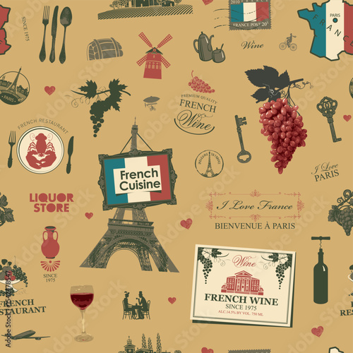 Hand drawn seamless pattern on the theme of French cuisine and Paris with food, wine, architectural landmarks, map and flag. Postcard. Wallpaper, wrapping paper. No AI used