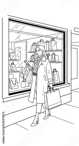 fashionable woman shopping and looking at a store window, confident mood, urban lifestyle