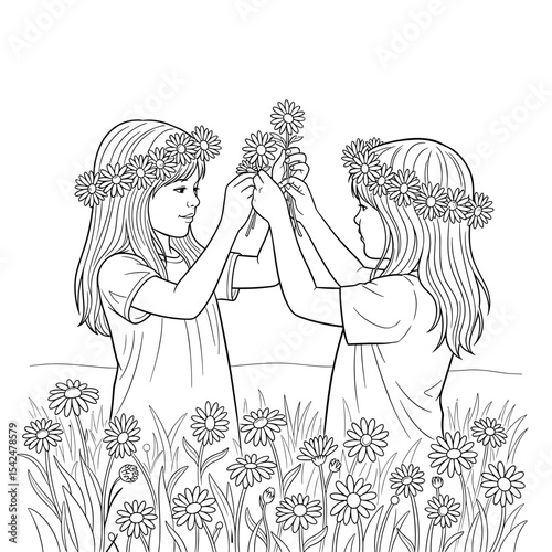 two young girls making flower crowns in a field, joyful mood, playful summer activity