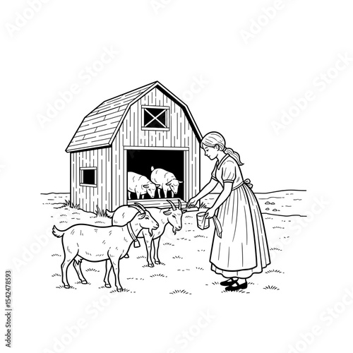 young girl feeding goats at a farm, cheerful mood, country life