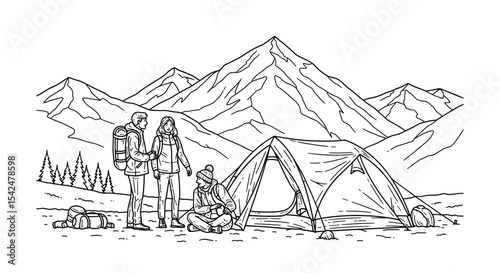 group of friends setting up a tent in the mountains, excited mood, camping adventure