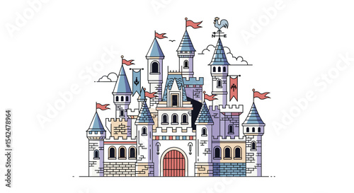 A Detailed Kingdom Castle Construction With Towers Flags And Ornate Stone Decoration Design