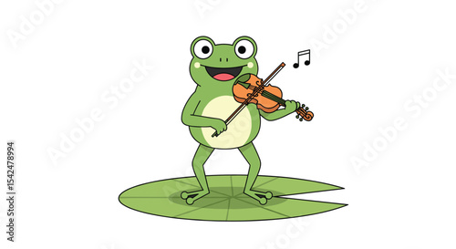 Animated Frog Playing the Violin on Lily Pad Delighting with Melodious Tunes