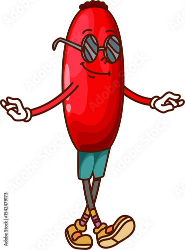 Cartoon groovy barberry berry character. Isolated vector red funky and hippie fruit with smiling face and trendy sunglasses. Retro y2k food personage wearing vintage sneakers, exuding funky vibes