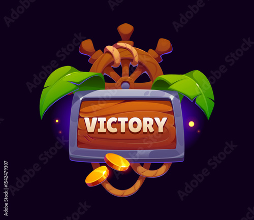 Pirate game victory award icon, ui asset featuring wooden sign, decorated with pirate ship wheel, palm leaves, and golden coins. Cartoon vector pop up banner conveying success in a pirate adventure