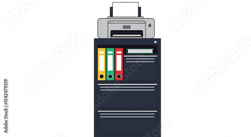 Office Workspace Illustration Featuring Filing Cabinet Printer and Folders Used For Data Organization