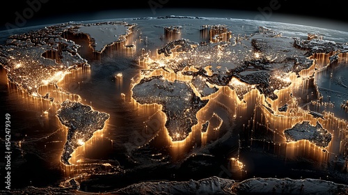 Aerial view of earth at night showing city lights and continents with a dark background and oceanscape