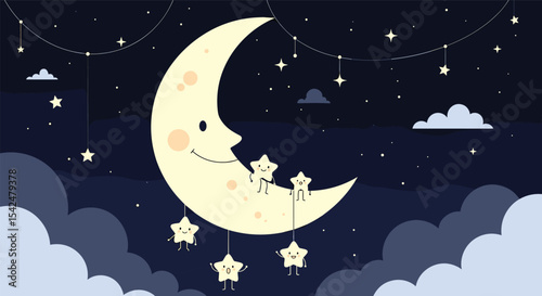 Whimsical Nighttime Celestial Landscape Cartoon Stars Moon Clouds String Lights Dreamy Night Sky Illustration