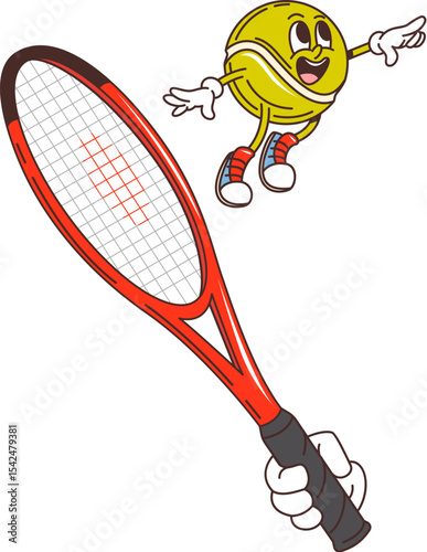 Tennis ball and racket sport groovy happy character. Sport competition hippie vintage isolated vector personage, racket game retro mascot. Tennis club tournament or championship cute groovy character