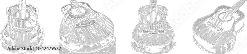 Set of minimalist black outline vector illustrations of acoustic and electric guitars, musical instrument line drawing for poster, print, icon, and graphic design use