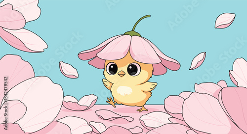 Cute Chick Among the Sakura Petals A Springtime Celebration of New Life and Growth