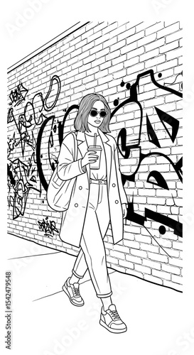 Urban woman strolling past graffiti wall, embodying street style and casual culture