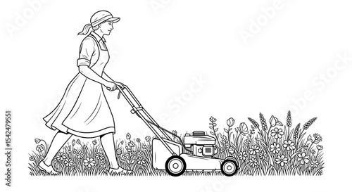 Woman mowing the lawn with a push mower, embodying gardening and outdoor activity