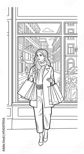 Woman shopping and admiring window display, embodying urban fashion and style