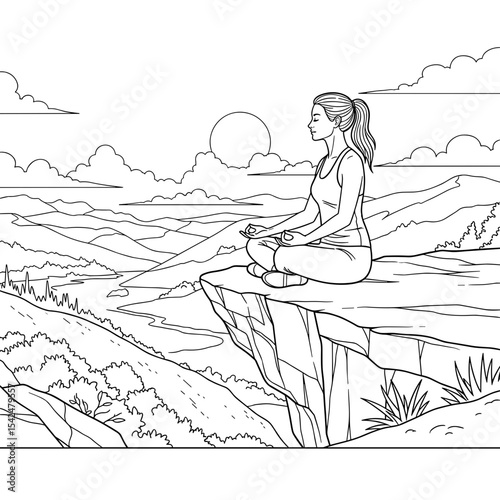 Woman meditating on a cliff at sunset, embodying tranquility and mindfulness in nature