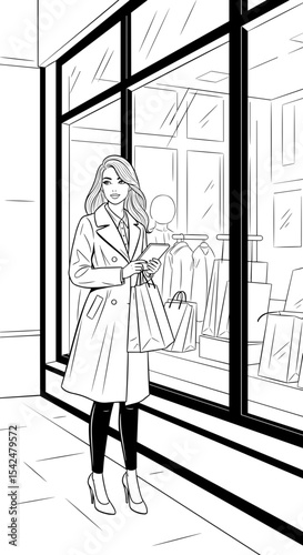 Woman shopping and admiring store window display, embodying urban fashion and style