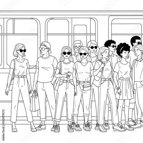 Diverse group of passengers waiting at the train station, embodying travel and urban life
