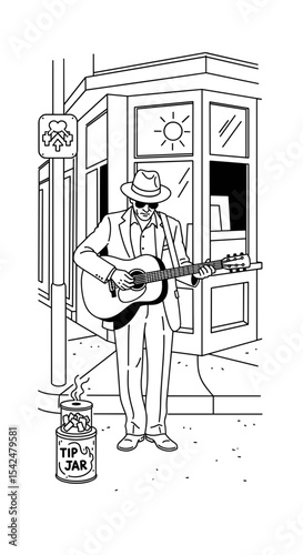 Street musician playing guitar with a tip jar, embodying artistry and urban culture