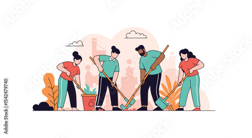 Group of People Planting Trees and Cleaning Up the Park Together Outdoors
