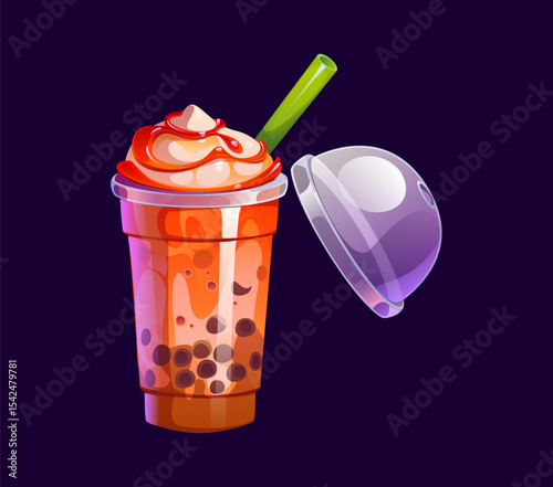 Milk bubble tea, cartoon boba drink glass cup with cream and caramel, vector milkshake. Milk bubble tea or dessert beverage of boba pearls with sweet caramel topping and drinking straw