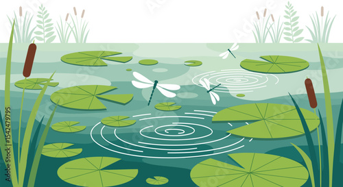 Dragonflies Lily Pads Ripples and Aquatic Plants in a Peaceful Pond Illustration Scene