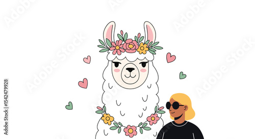 Whimsical Llama Illustration Girl Sunglasses Pink Hearts Garland Festive Fun Creative Design Elements