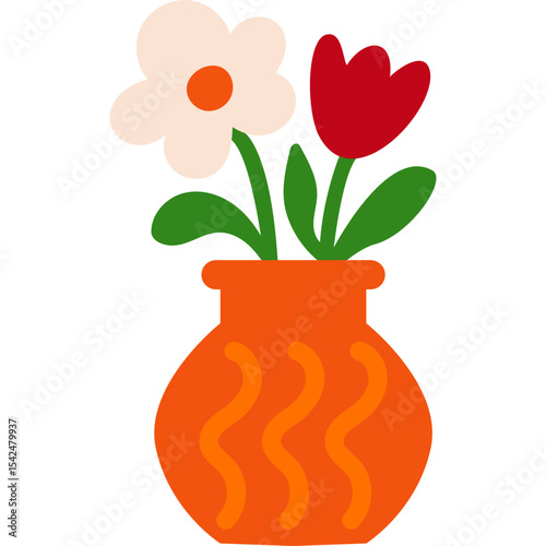 Cartoon orange vase with wavy pattern and red white flowers flat floral illustration