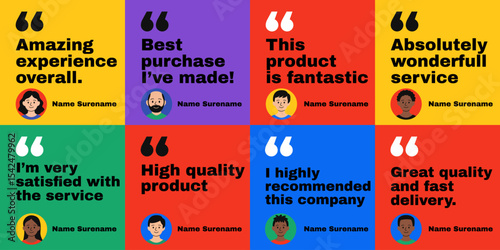 Bold testimonial template set with colorful backgrounds large quote text and round avatar flat vector illustration