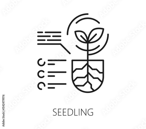 Robot smart farm icon of seedling for digital agriculture technology, vector line pictogram. Smart farming, digital farm agronomy and agrarian agriculture robot automation line icon of plant seedling