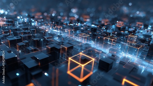A futuristic cityscape with glowing cubes and dark blocks in a grid like pattern with blurred background